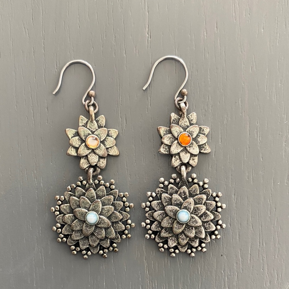 Lotus Blossom Silver Earrings with Gem Accents